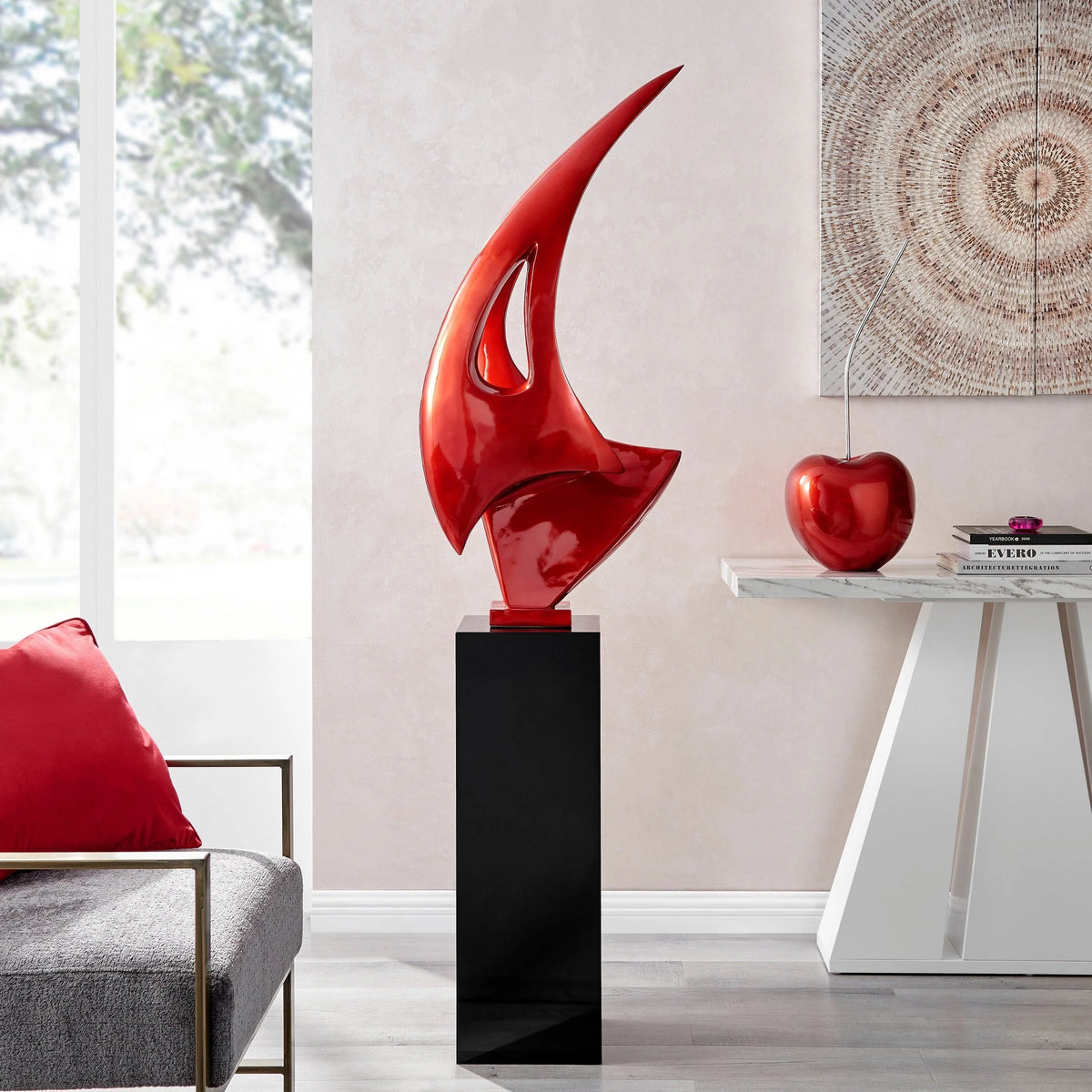Metallic Red Sail Floor Sculpture With Black Stand 70 Inch Tall