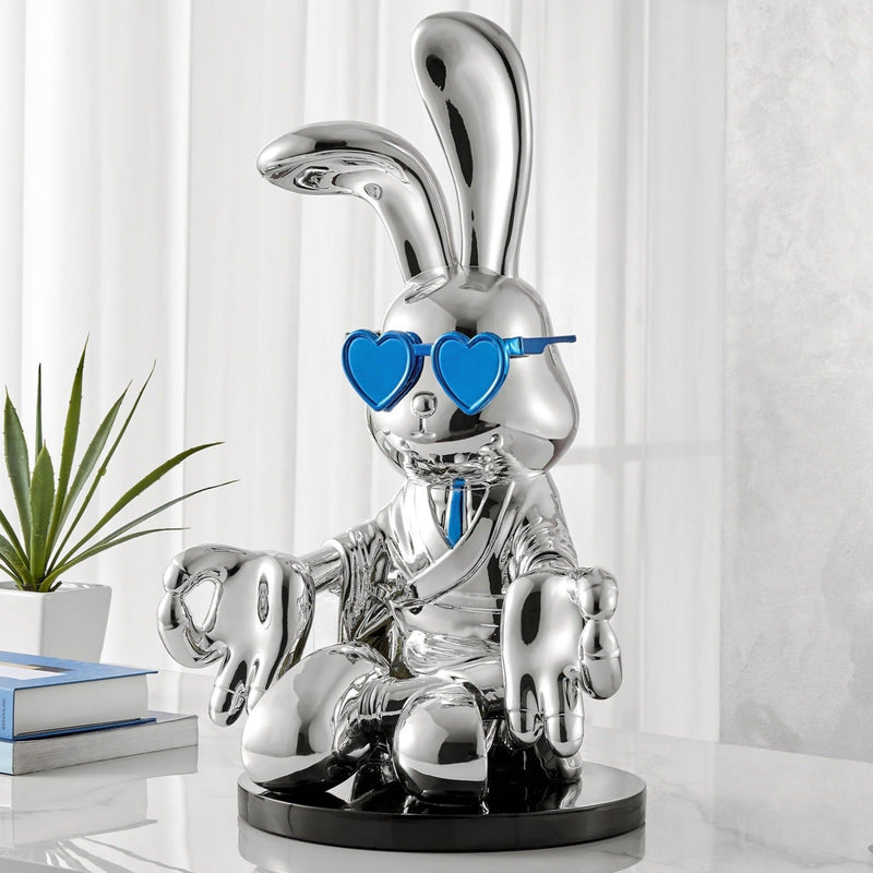 Finesse Decor Sitting Rabbit Sculpture with Blue Tie and Glasses