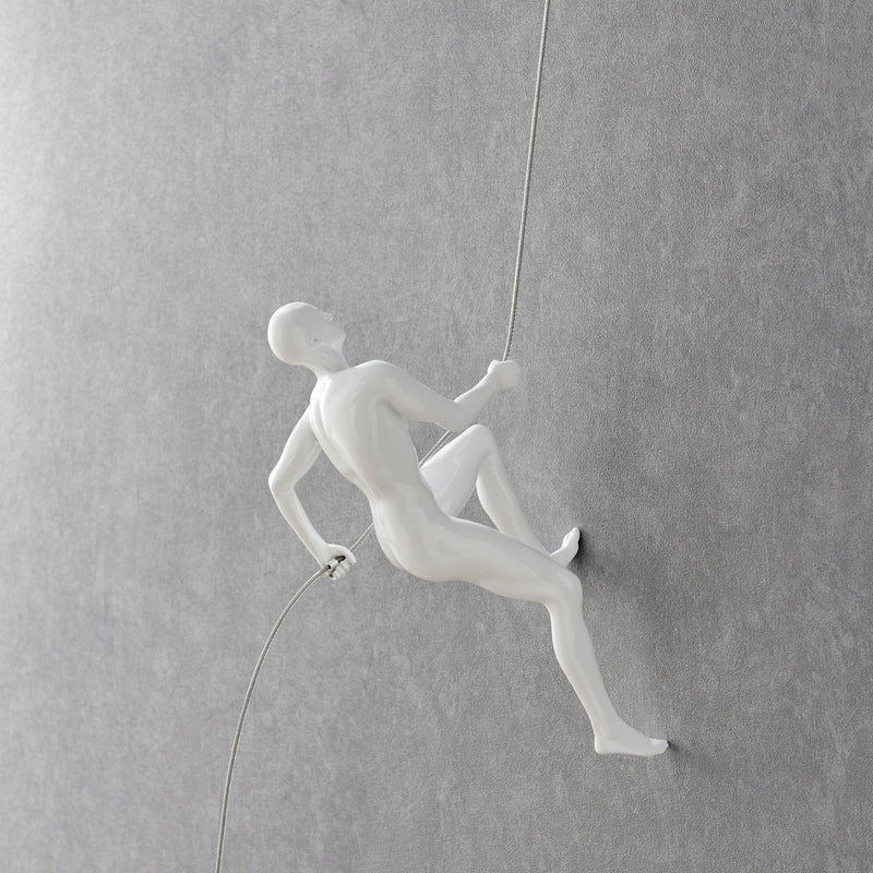 Glossy White Wall Sculpture Climbing 15" Man / Modern Wall Decor