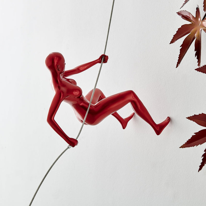 Metallic Red Wall Sculpture Climbing 8" Woman / Modern Wall Decor