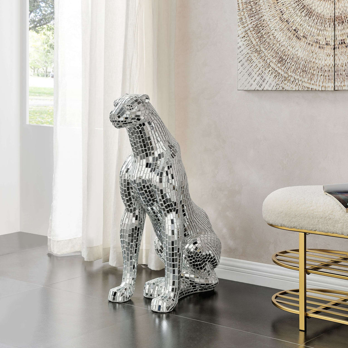 Boli Sitting Panther Sculpture / Glass and Chrome / Modern Floor Statue
