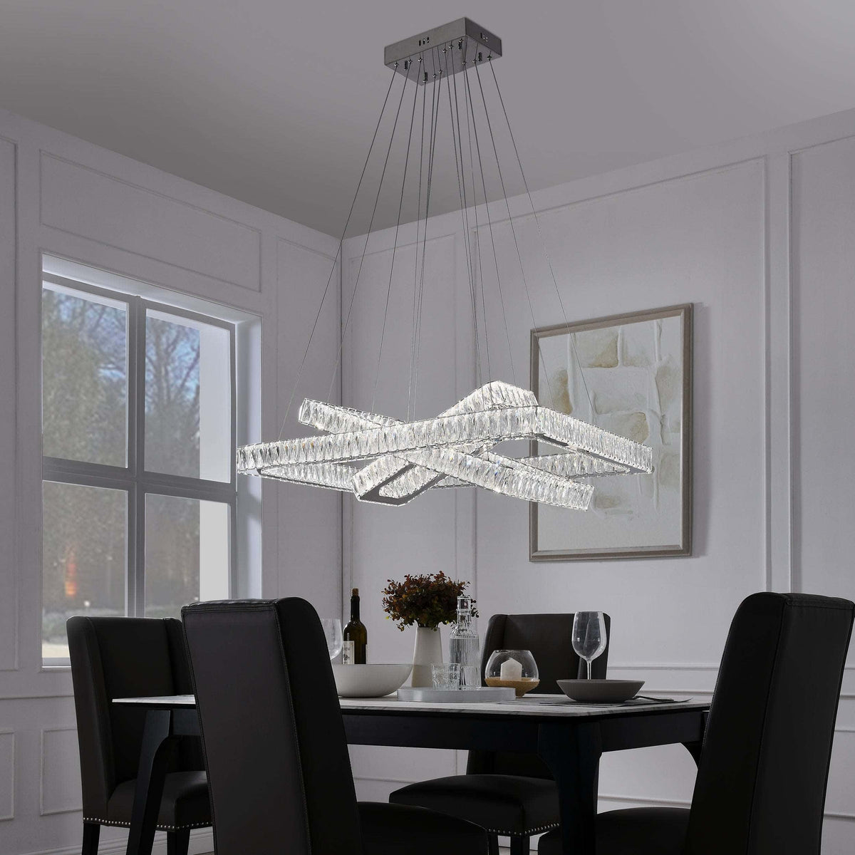 Crystal Elegance LED Chandelier with 3 Rectangles for Dining Room