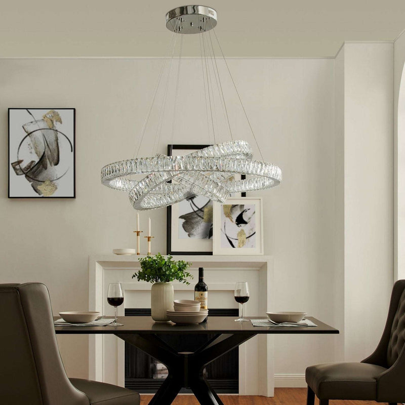 Crystal Elegance Three Ring Chandelier over Dining Room Table