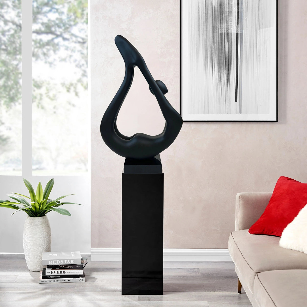 Modern Yoga Lady Black Floor Sculpture / Black Base / 59"