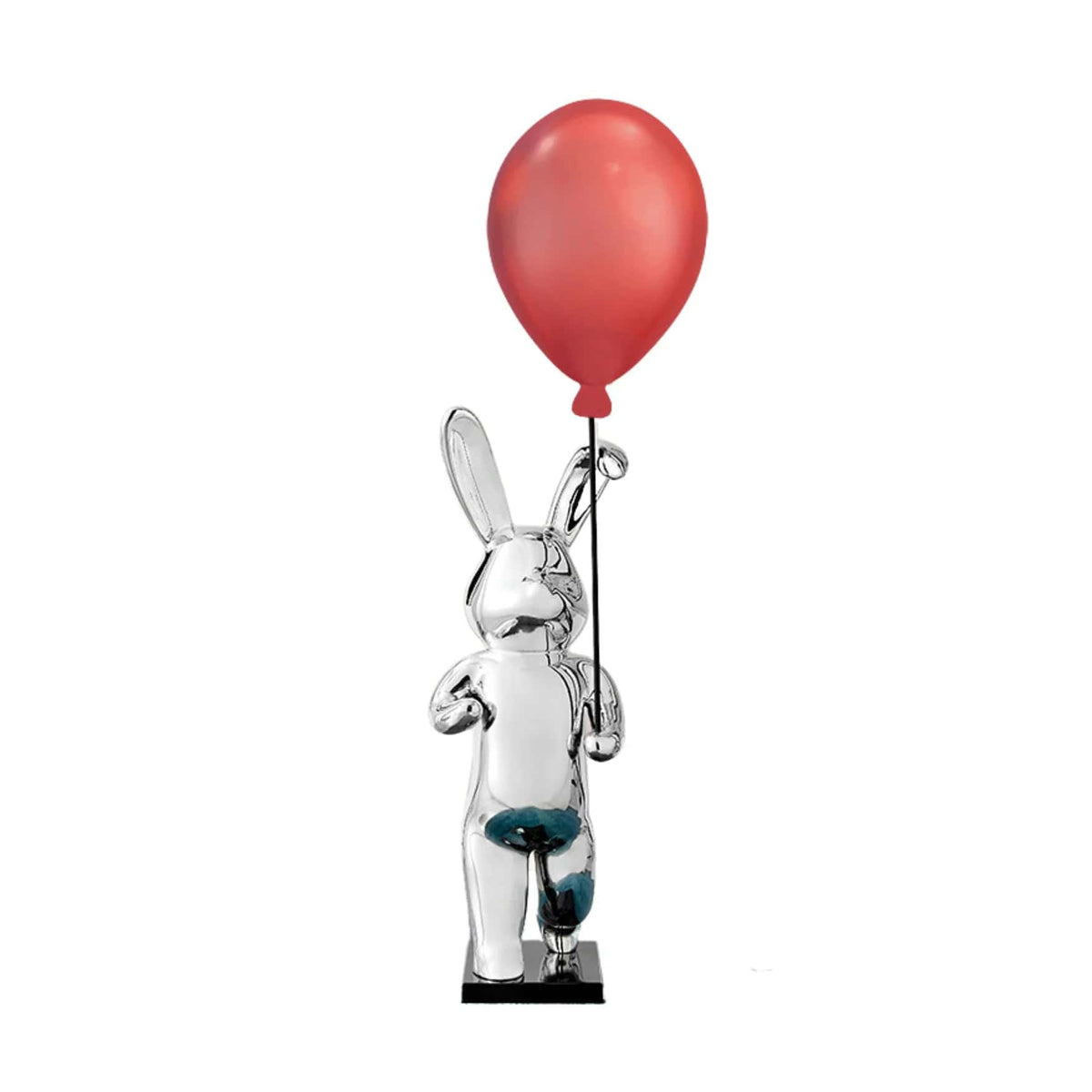 Chrome Bunny Floor Sculpture with Red Balloon