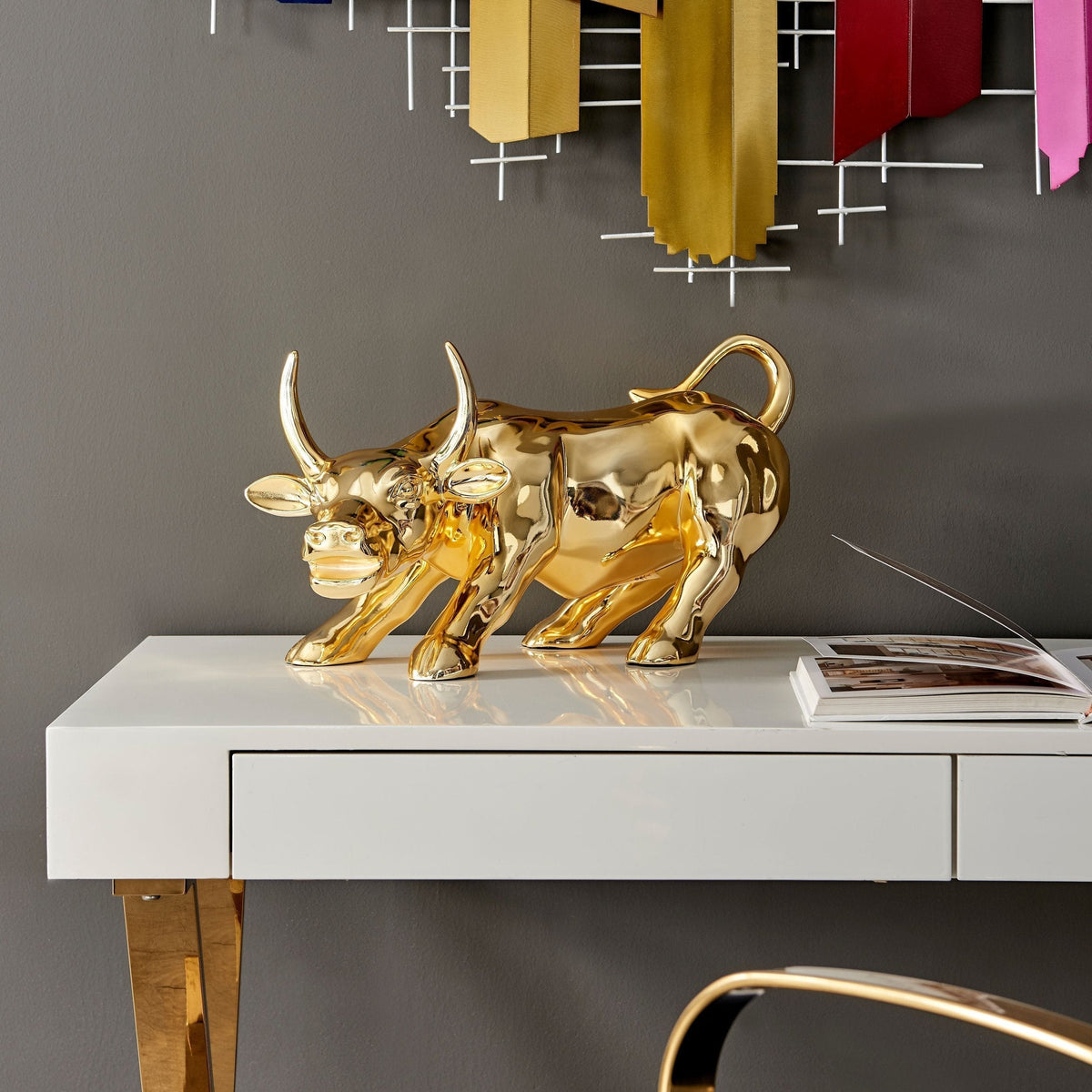 Hydro Resin Bull Sculpture in Gold / Modern Decor