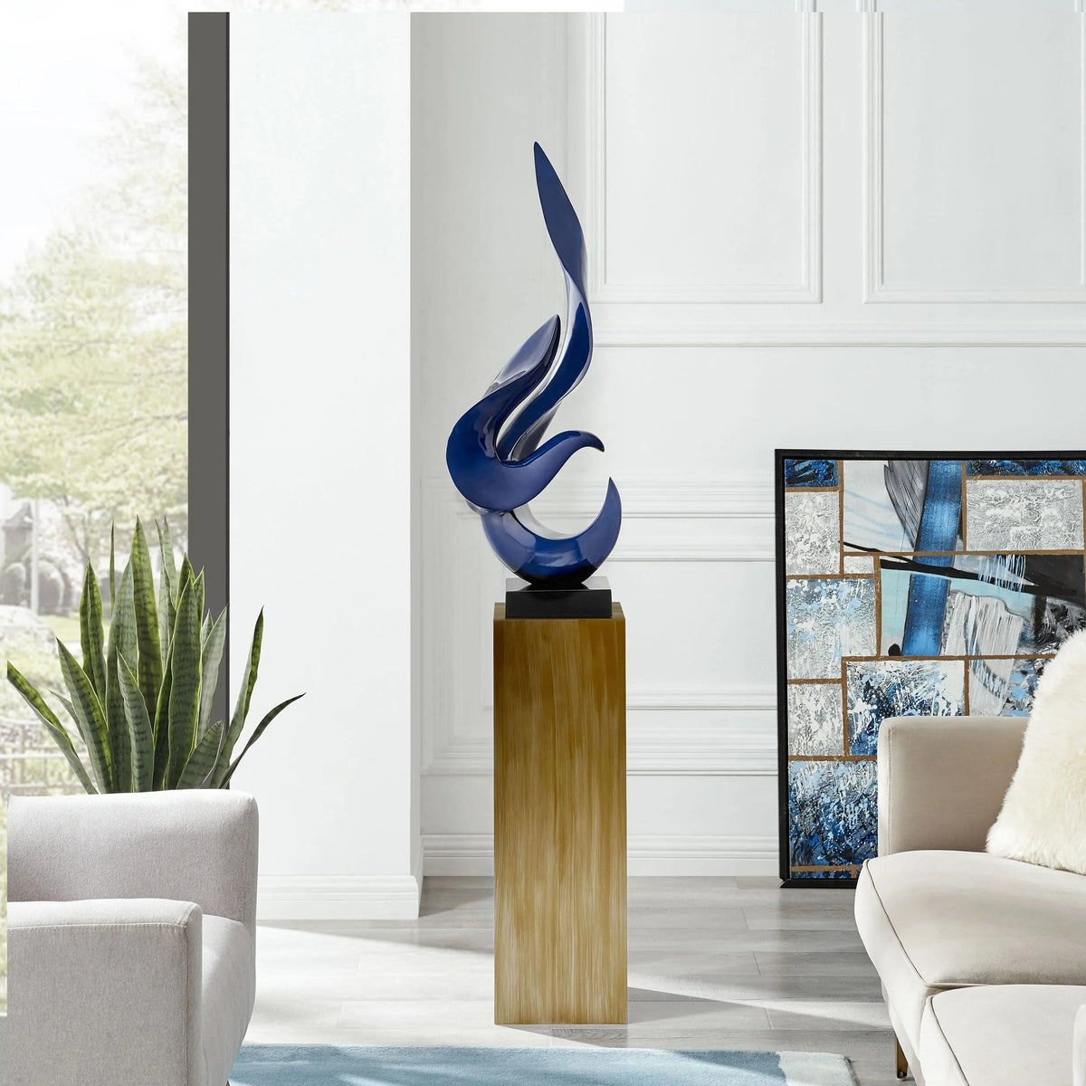 Navy Blue Flame Modern Sculpture with Bronze Stand 