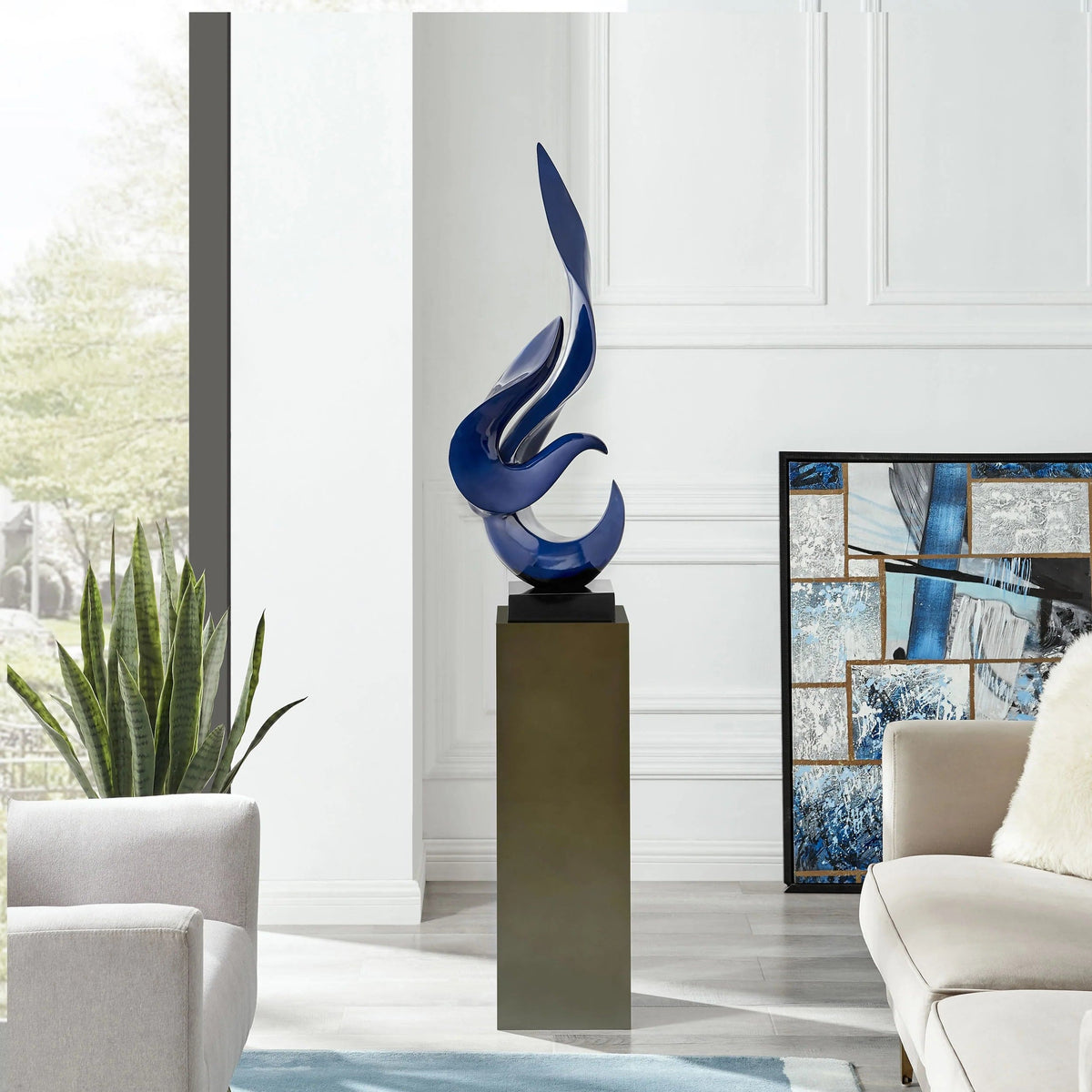 Navy Blue Flame Modern Sculpture with Gray Stand