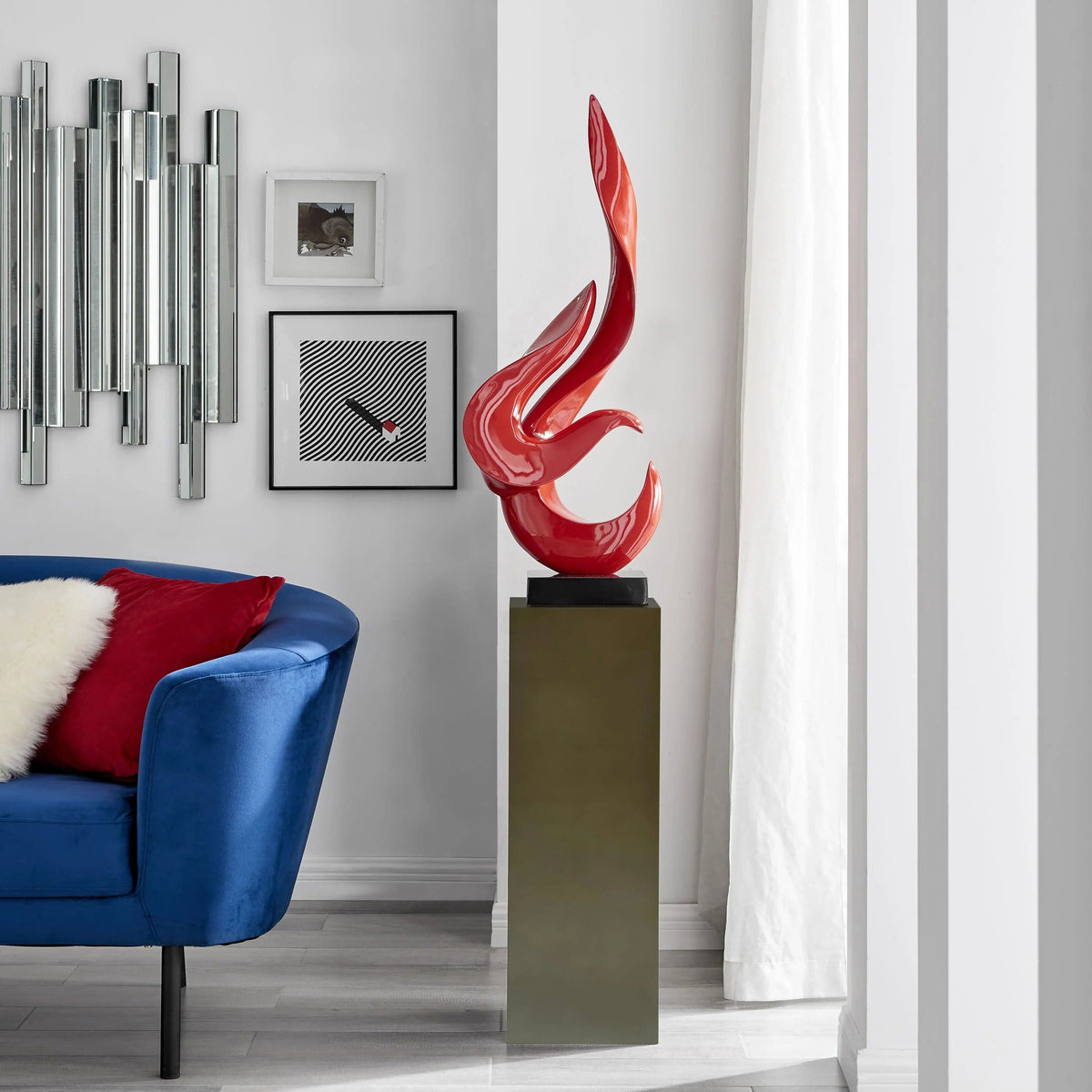 Red Flame Modern Sculpture with Gray Stand