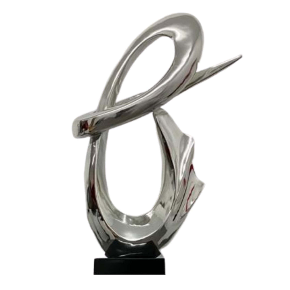 Chrome Fluid Abstract Floor Sculpture With White Stand, 59" Tall