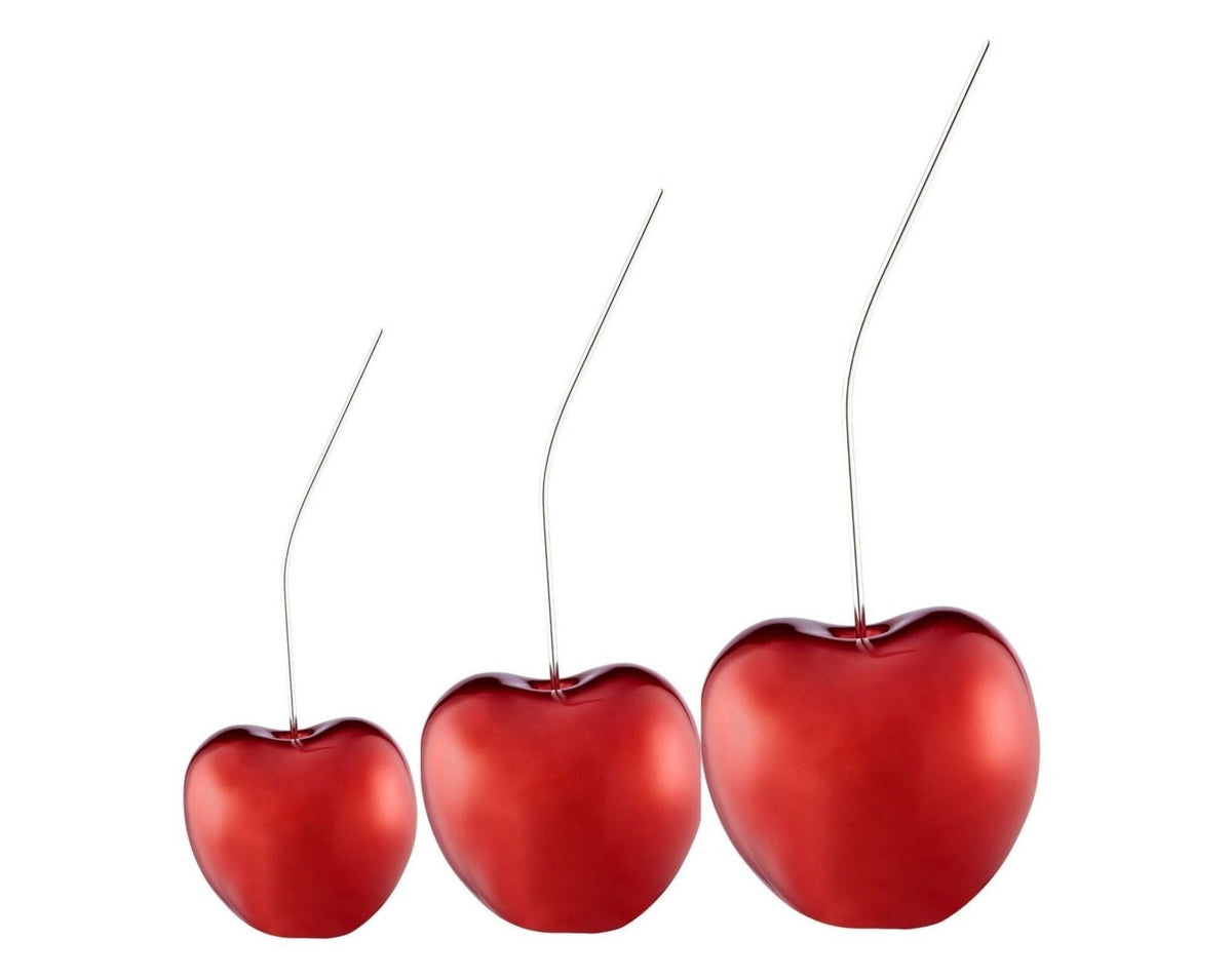 Set of Three Cherries // Large Medium and Small Metallic Red